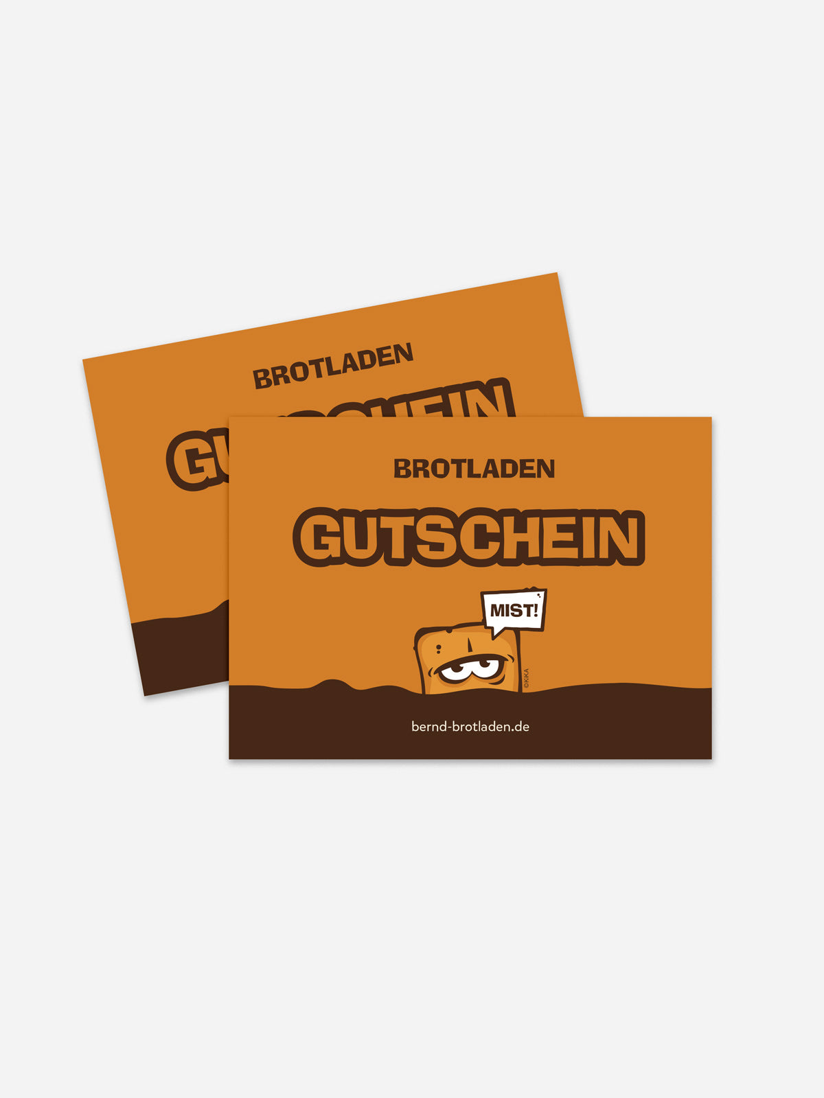 Zwei Brotladen-Geschenkgutscheine, darauf Bernd das Brot mit einem MIST-Schild
